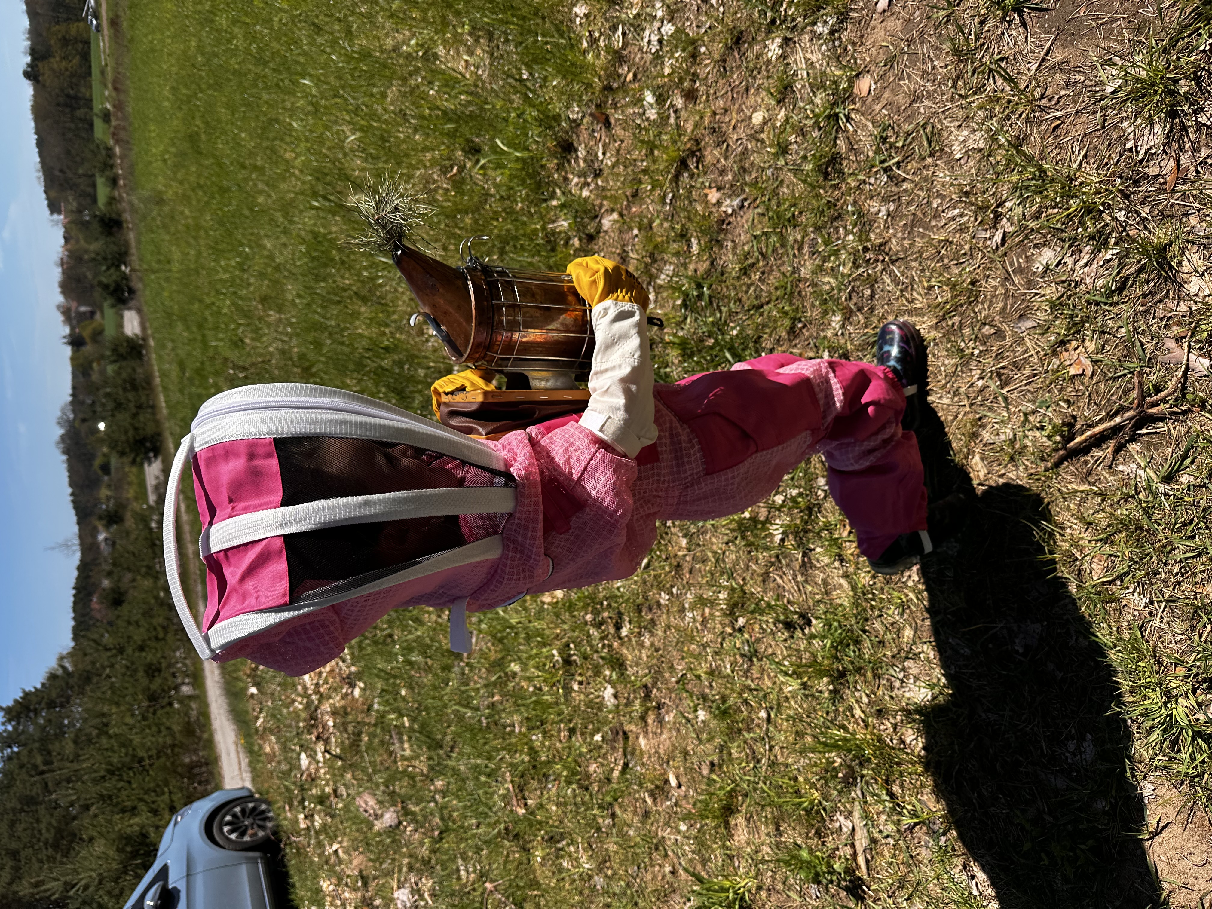Kleine Imkerin in pinkfarbenem Anzug mit Smoker